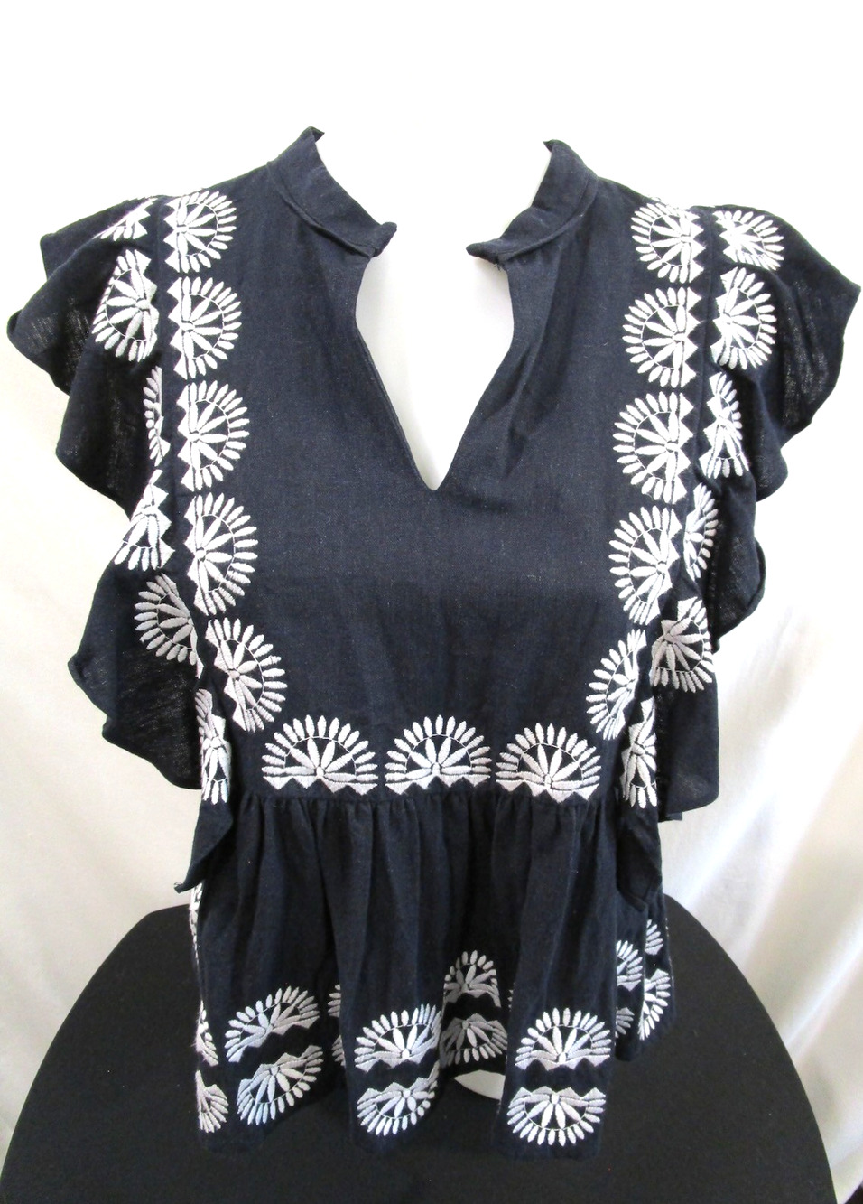 Marie Oliver Black, White Embroidered Linen Blend Peplum Top Women S